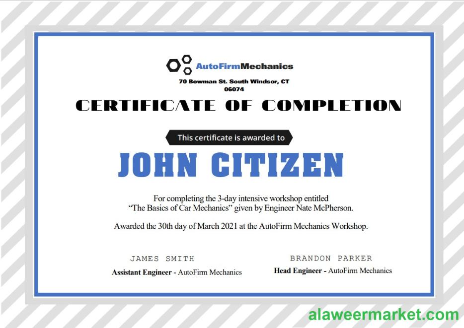 USA Car Workshop Experience Certificate template in Word and PDF format